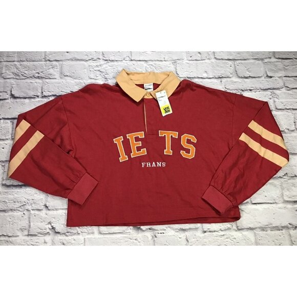 IETS FRANS Cropped Cotton Rugby Top Womens Large Red/Peach Collared Long Sleeve - Picture 1 of 6